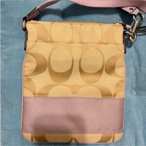 Y2K Coach Tan and Purple Crossbody Purse with long adjustable strap